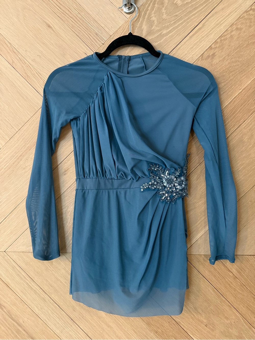 Weissman Teal Blue Long-Sleeve Dance Costume with Embellished Waist